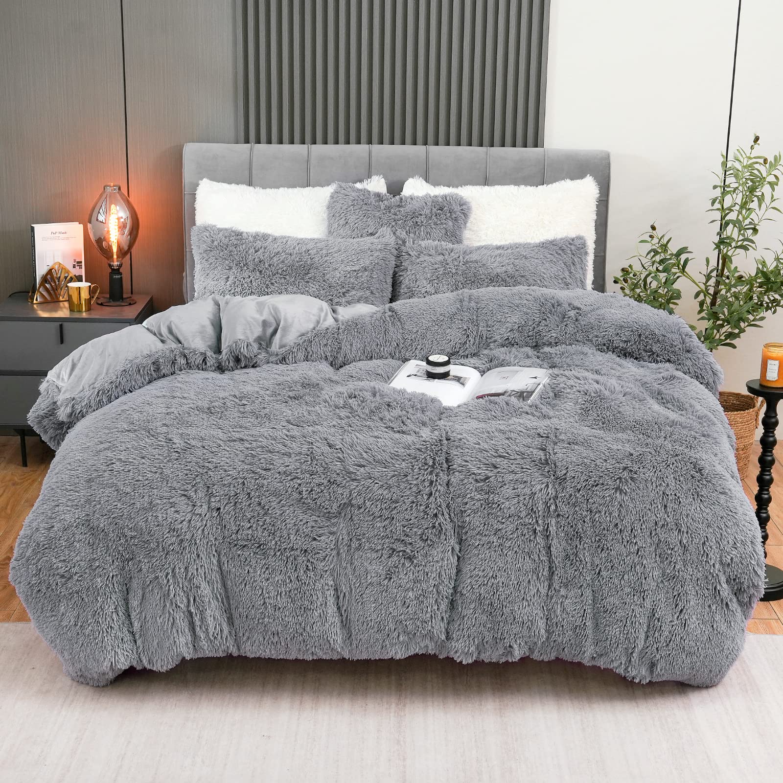 Fluffy Plush Duvet Cover Set Twin Size, Luxury Ultra Soft Velvet Fuzzy Comforter Cover Bed Sets 3Pcs(1 Faux Fur Duvet Cover + 1